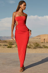 Textured Jersey Low-Rise Maxi Skirt in Chilli Red